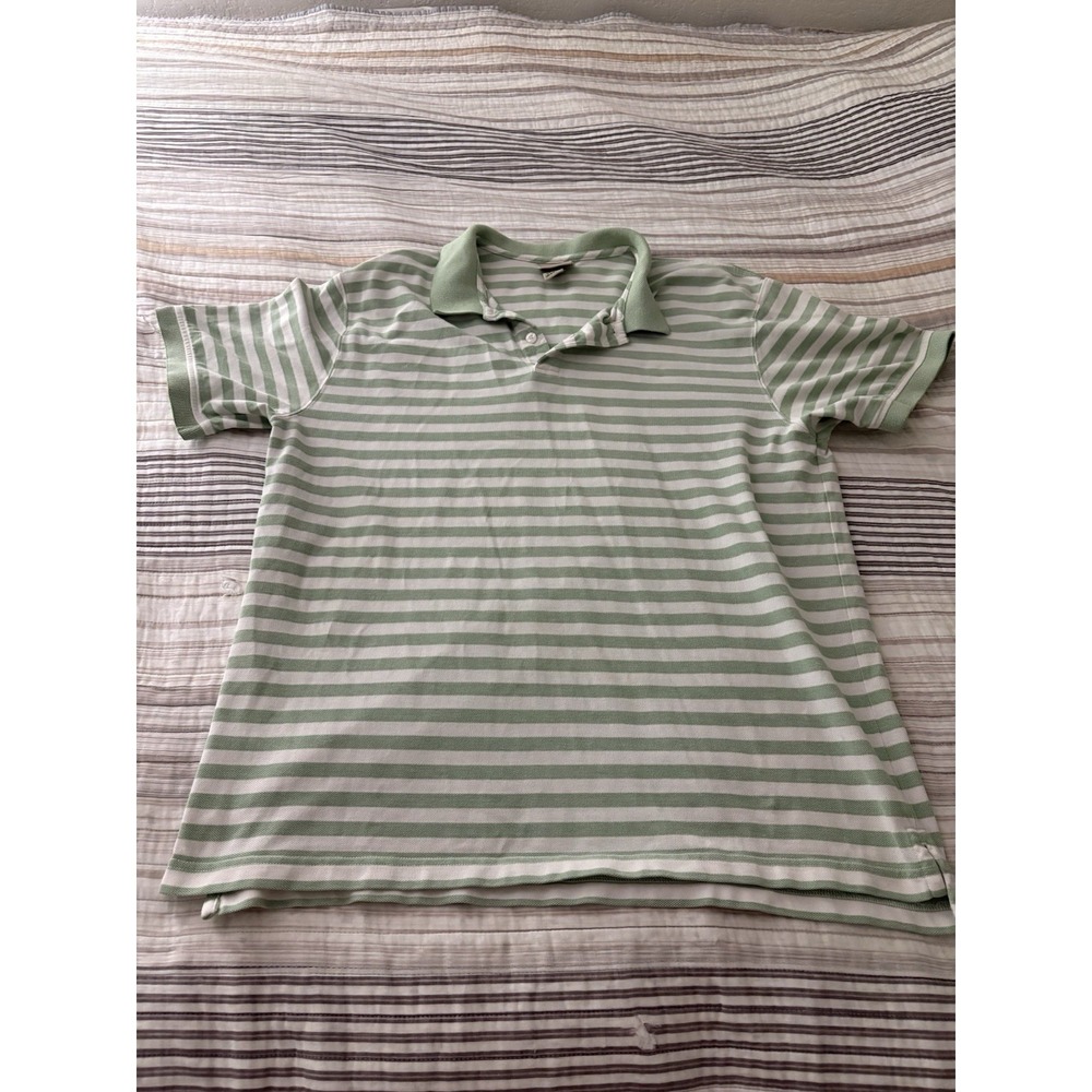 LL Bean Polo Shirt Men Size L Green/White Striped Short Sleeve 100% Cotton Retro